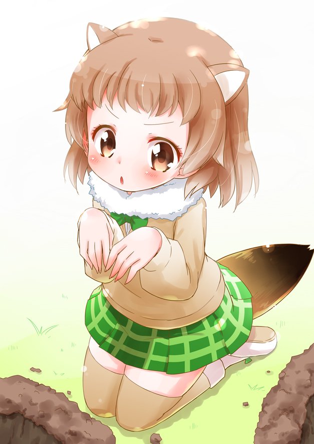 &gt;:0 &gt;:o 1girl :0 :o animal_ears ankle_boots beige_legwear beige_sweater black-tailed_prairie_dog_(kemono_friends) blush boots bow bowtie brown_eyes collar eyelashes fingernails full_body fur_collar grass green_bow green_bowtie green_ribbon green_skirt hole kemono_friends light_brown_hair long_sleeves looking_at_viewer muu_rian open_mouth outdoors plaid plaid_skirt plant pleated_skirt prairie_dog_ears prairie_dog_tail ribbon seiza shadow sharp_fingernails shiny shiny_clothes shiny_hair shiny_skin shoe_ribbon shoe_soles short_hair sitting skirt soil solo sweater tail tareme thigh-highs white_background white_boots white_footwear zettai_ryouiki
