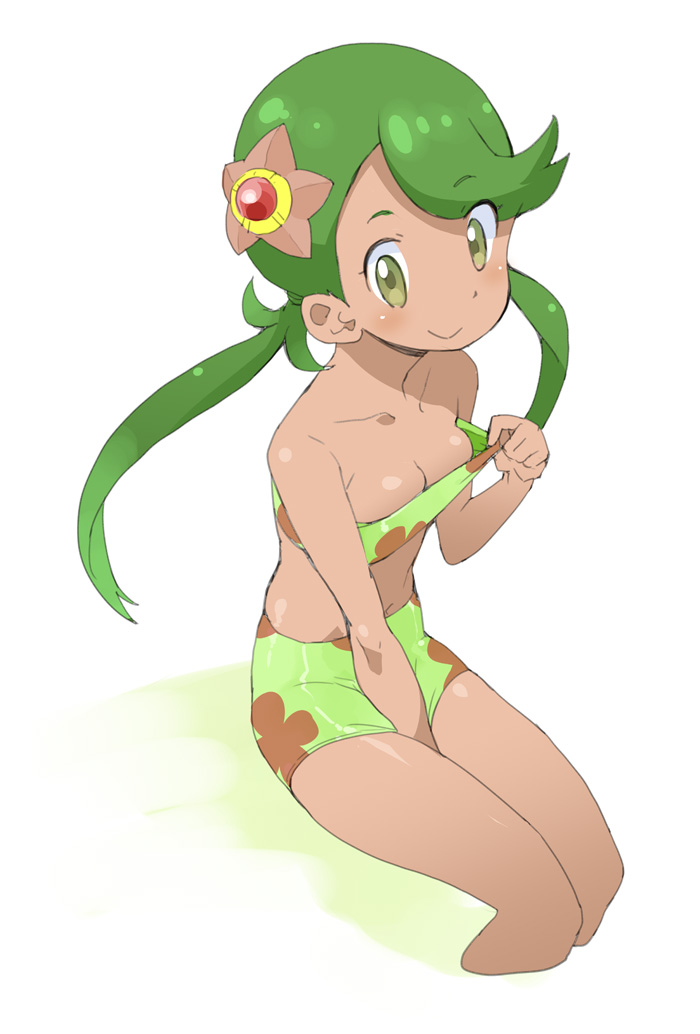 1girl :&gt; bangs bare_legs bare_shoulders between_legs bikini blush bra bra_pull breasts cleavage closed_mouth commentary_request dark_skin eyebrows_visible_through_hair floral_print green_bikini green_eyes green_hair hair_ornament hand_between_legs legs long_hair looking_at_viewer mallow_(pokemon) midriff navel ookamiuo pokemon pokemon_(anime) pokemon_sm_(anime) simple_background sitting small_breasts smile solo staryu stomach strapless swept_bangs swimsuit trial_captain tubetop twintails underwear white_background