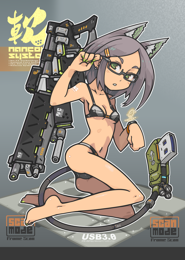 1girl animal_ears barefoot bikini cable cat_ears earrings glasses green_eyes grey_hair gun hair_ornament hairclip jewelry looking_at_viewer nail_polish nancou_(nankou) original railgun semi-rimless_glasses short_hair solo swimsuit tail usb watch watch weapon