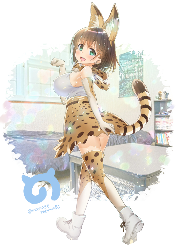 1girl ai-chan_(tawawa) animal_ears aqua_eyes artist_name bare_shoulders bed bedroom blush bookshelf boots bow bowtie breasts brown_hair clenched_hand cosplay elbow_gloves english fake_animal_ears from_behind from_side full_body getsuyoubi_no_tawawa gloves head_tilt high-waist_skirt japari_symbol kemono_friends large_breasts looking_back nanase_meruchi paw_pose poster_(object) serval_(kemono_friends) serval_(kemono_friends)_(cosplay) serval_ears serval_print serval_tail shirt short_hair skirt sleeveless sleeveless_shirt solo striped_tail tail thigh-highs twitter_username white_background white_boots white_shirt window