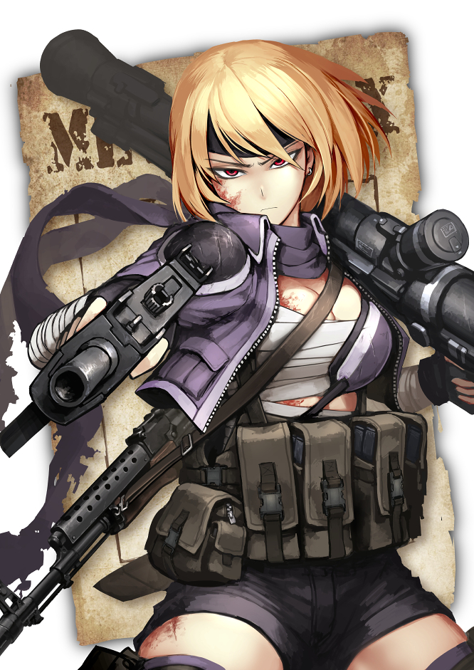 1girl assault_rifle blonde_hair blood blood_on_face breasts cleavage commentary earrings fingerless_gloves gloves gun headband hetza_(hellshock) jacket jewelry looking_at_viewer mac-10 magazine_pouch medium_breasts metal_max open_clothes open_jacket pouch purple_jacket purple_scarf red_eyes rifle rocket_launcher sarashi scarf short_hair shoulder_pads sling_(weapon) soldier_(metal_max) submachine_gun weapon zipper