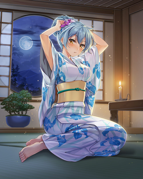 1girl adjusting_hair arms_up barefoot candle candlelight feet floral_print full_moon hair_ornament indoors japanese_clothes kimono light_blue_hair long_sleeves looking_at_viewer moon night obi official_art on_floor orsaga_capture parted_lips sash sitting solo toes torte_(orsaga_capture) updo wide_sleeves window yellow_eyes yokozuwari