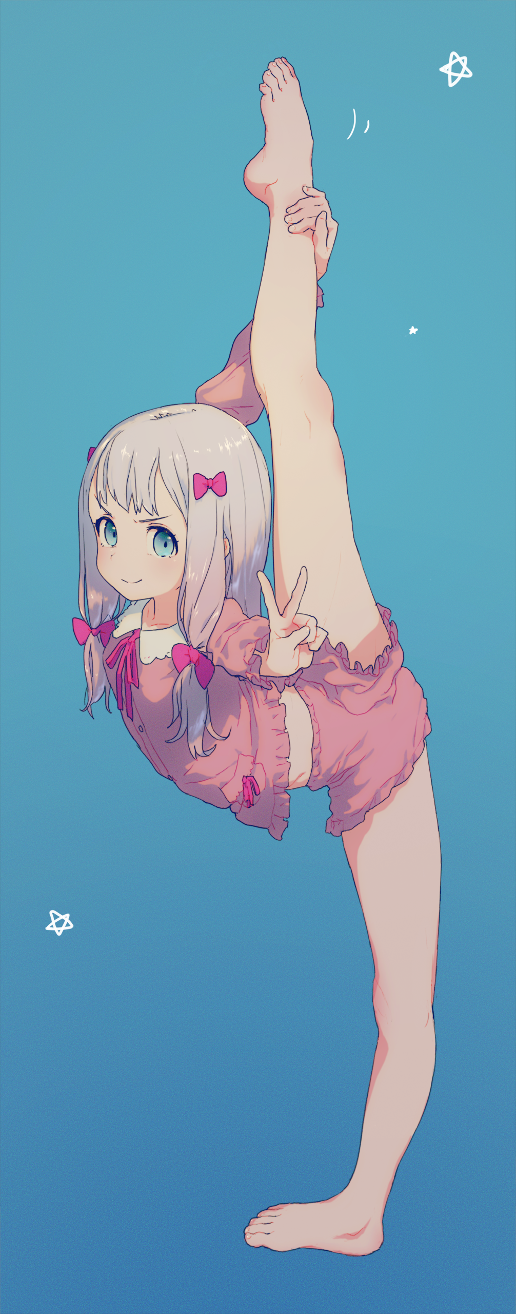 &gt;:) 1girl absurdres arched_back arm_up bangs bare_legs barefoot blue_background blue_eyes bow closed_mouth commentary eromanga_sensei feet flexible foreshortening frills from_side gradient gradient_background grey_hair hair_bow highres izumi_sagiri leg_lift leg_up long_hair long_sleeves looking_at_viewer navel neck_ribbon outstretched_arms pajamas purple_bow revision ribbon shorts smile smug soe solo split standing star stretch toes v wing_collar