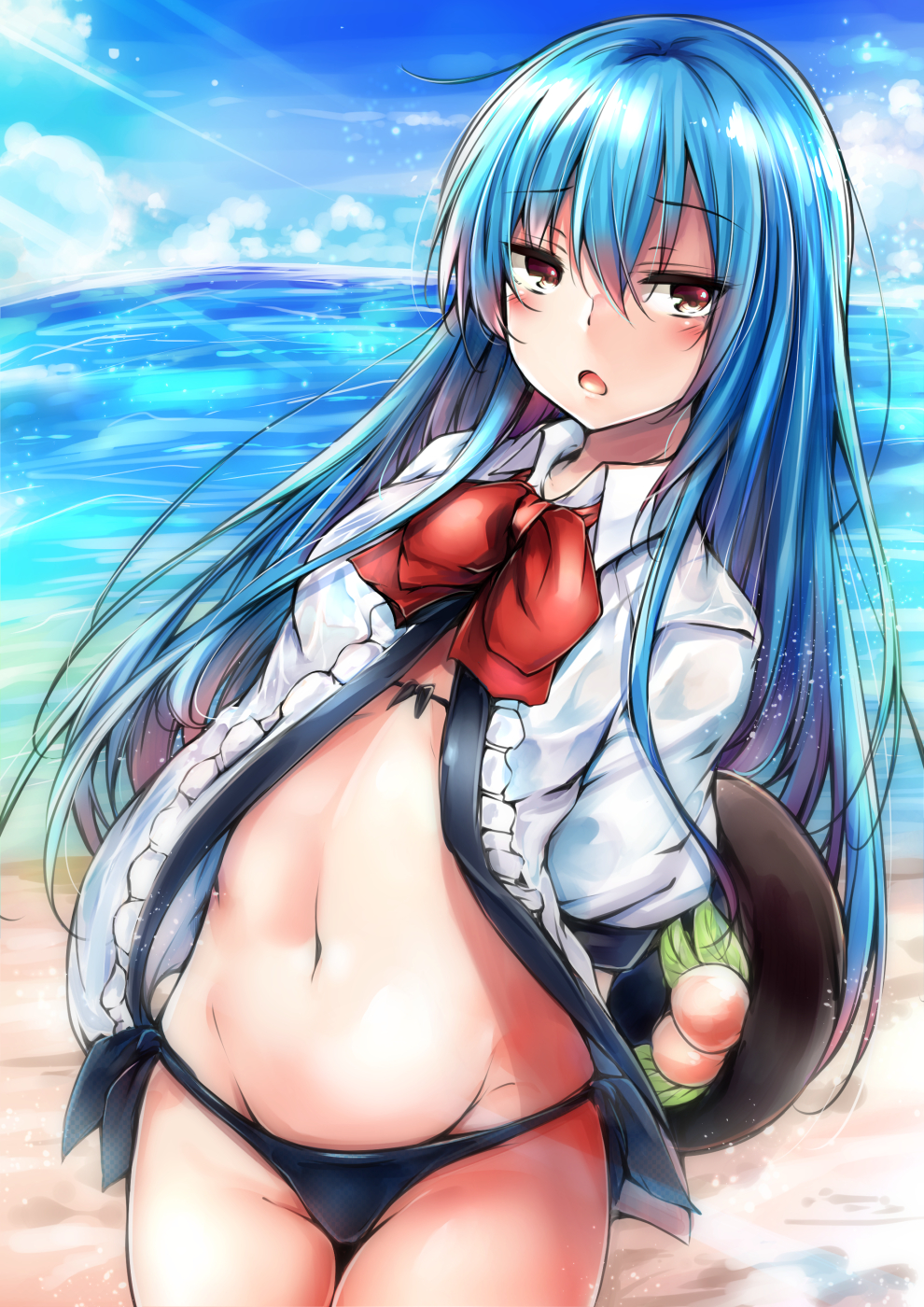 1girl arms_behind_back bikini black_bikini black_hat blue_hair blue_sky bow bowtie collared_shirt cowboy_shot day food fruit groin hat highres hinanawi_tenshi long_hair looking_at_viewer navel outdoors peach red_bow red_bowtie red_eyes shirt sky solo sunlight swimsuit touhou white_shirt wing_collar yuhito_(ablbex)