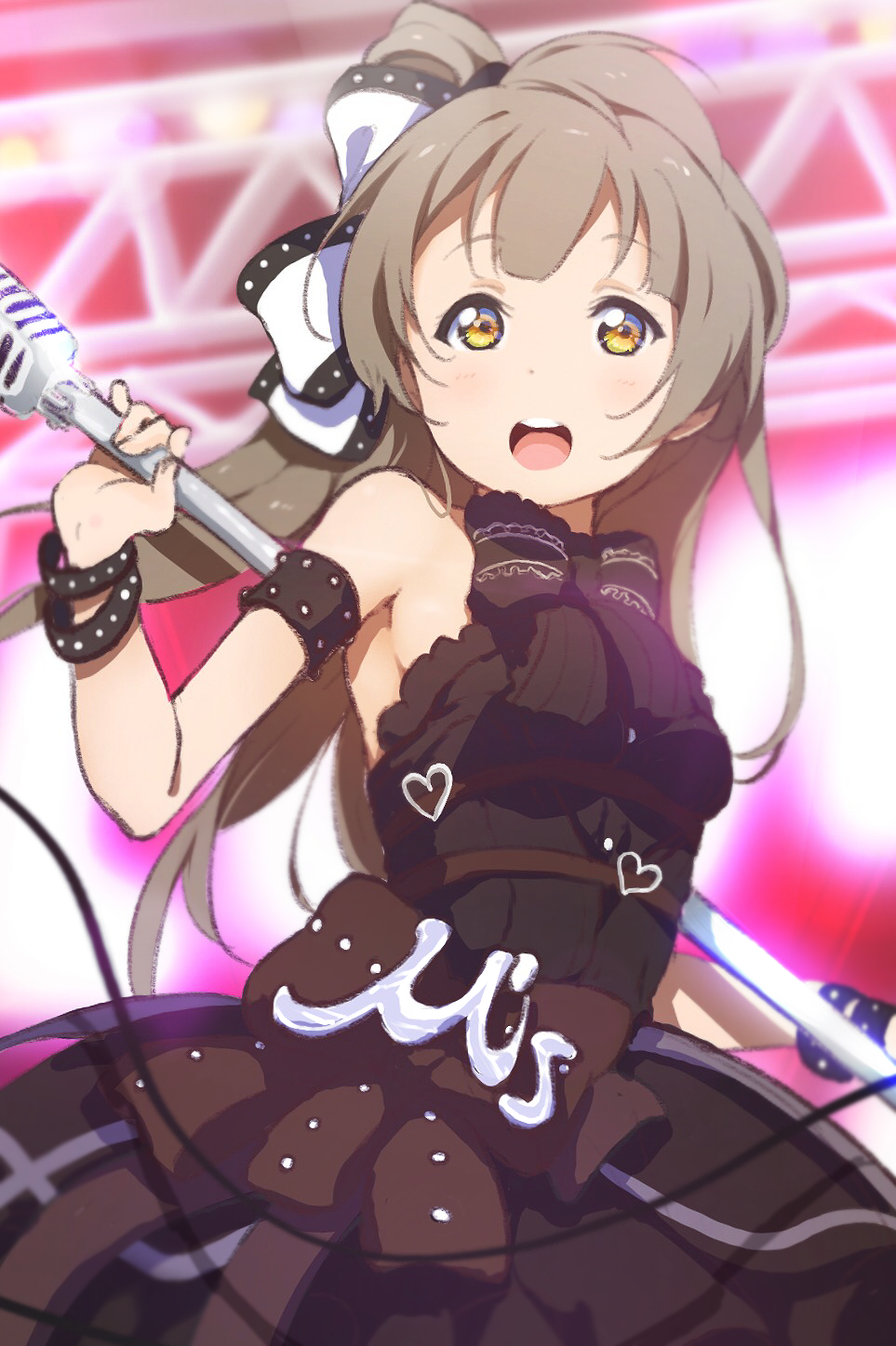 1girl :d bangs black_bow black_dress bow cable dress grey_hair heart highres icehotmilktea long_hair love_live! love_live!_school_idol_project microphone_stand minami_kotori open_mouth scaffolding sleeveless smile solo studded_armlet studded_bracelet yellow_eyes