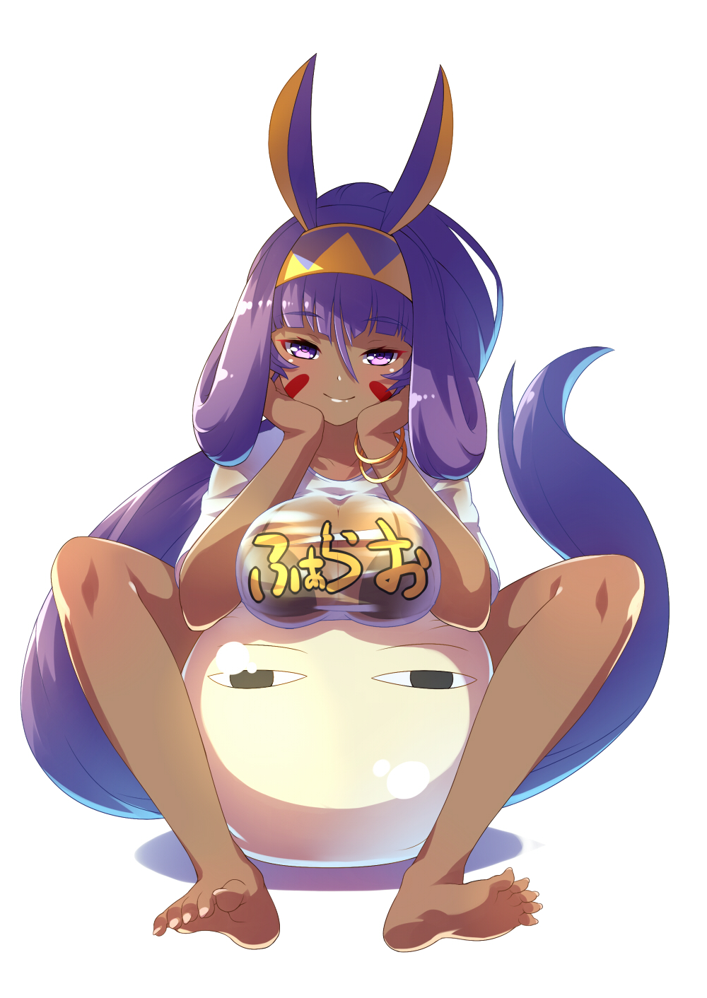 1girl animal_ears bangle bare_legs barefoot bikini bikini_top bikini_under_clothes black_bikini_top bracelet breasts chin_rest cleavage combat_s-ko dark_skin eyebrows_visible_through_hair facial_mark fate/grand_order fate_(series) feet full_body hairband highres jewelry large_breasts long_hair medjed nitocris_(fate/grand_order) purple_hair see-through simple_background sitting smile solo swimsuit tattoo toes very_long_hair violet_eyes white_background