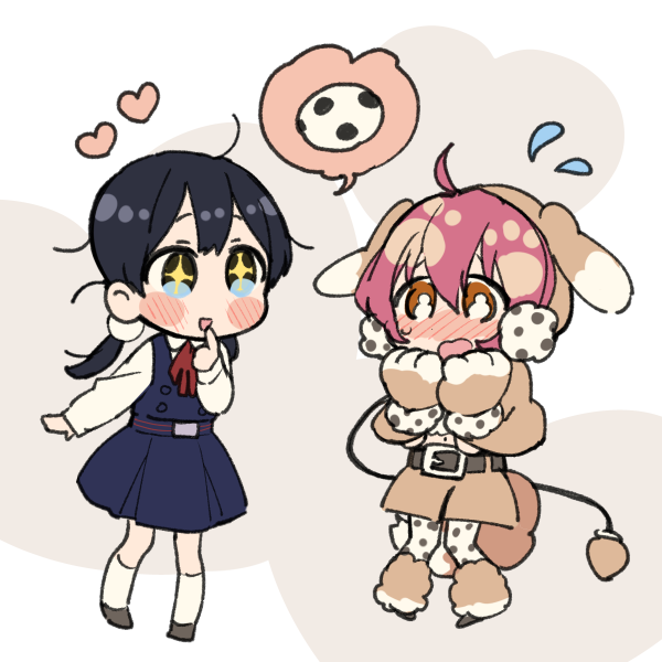 +_+ 2girls animal_ears black_hair blue_eyes brown_eyes character_request crossover dog_ears dog_tail food kitashirakawa_tamako long_hair mahou_shoujo_ikusei_keikaku mochi momose_(oqo) multiple_girls pantyhose pink_hair polka_dot polka_dot_legwear short_hair tail tama_(mahoiku) tamako_market twintails wagashi