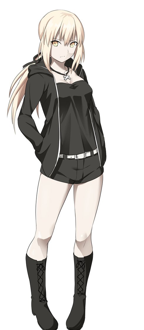 1girl bangs belt black_boots black_ribbon black_shorts blonde_hair boots cross-laced_footwear fate/grand_order fate_(series) full_body hair_ribbon hands_in_pockets hirame_sa hood hoodie jewelry lace-up_boots long_hair looking_at_viewer low_ponytail necklace open_clothes open_hoodie pale_skin platinum_blonde ribbon saber saber_alter short_shorts shorts solo strapless tubetop white_background yellow_eyes