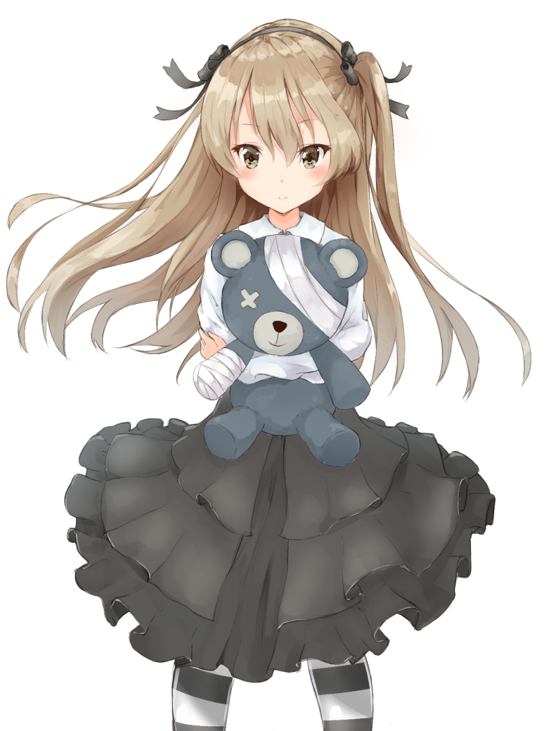 10s 1girl bandage bangs black_legwear black_ribbon black_skirt boko_(girls_und_panzer) brown_eyes cast casual closed_mouth collared_shirt cowboy_shot girls_und_panzer hair_ribbon holding layered_skirt light_brown_hair long_hair long_sleeves looking_at_viewer medium_dress minikon ribbon shimada_arisu shirt side_ponytail simple_background skirt smile solo standing striped striped_legwear stuffed_animal stuffed_toy suspender_skirt suspenders teddy_bear thigh-highs white_background white_shirt wind