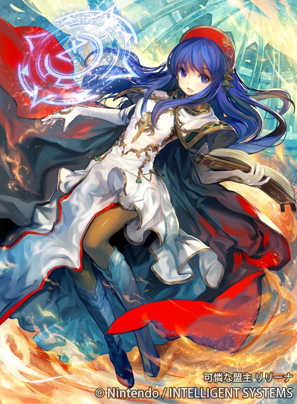 1girl alternate_costume blue_eyes blue_hair book boots cape copyright_name dress elbow_gloves fire_emblem fire_emblem:_fuuin_no_tsurugi fire_emblem_cipher gloves hat holding holding_book jewelry kawasumi_mahiro knee_boots lilina long_hair looking_at_viewer magic pantyhose smile solo white_dress white_gloves
