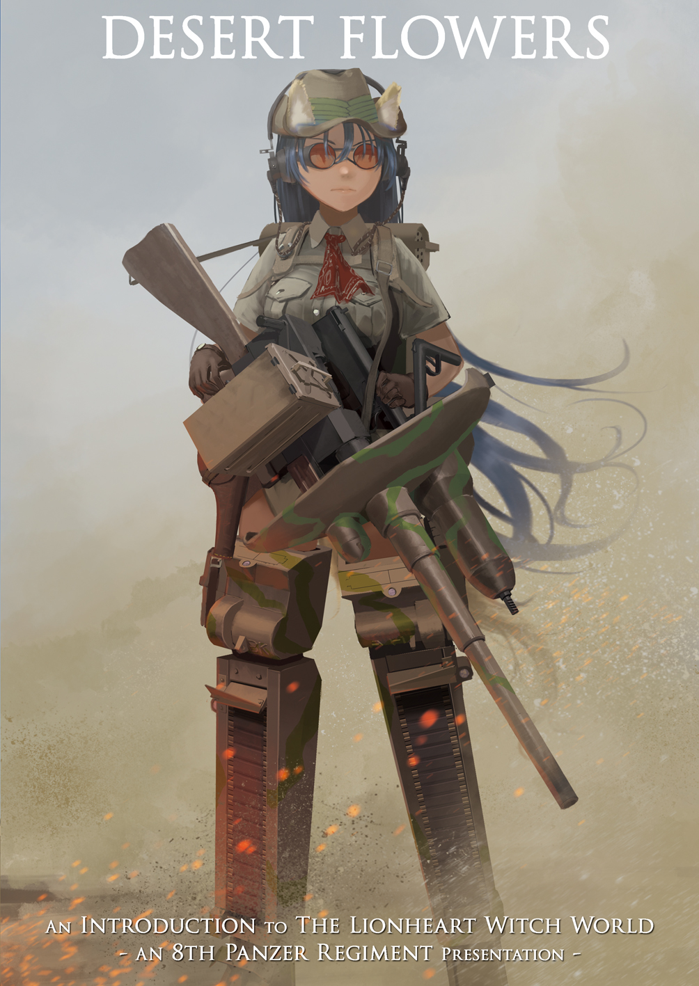 1girl animal_ears ascot backpack bag balton black_hair character_request copyright_name cover cover_page dan_kanemitsu desert doujin_cover dust_cloud english gloves goggles hat highres holster long_hair military military_uniform serious solo sparks strike_witches strike_witches_(lionheart_witch) striker_unit tail tan uniform world_witches_series