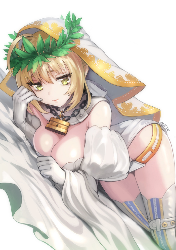 1girl :&lt; ahoge blonde_hair breasts chains cleavage detached_collar detached_sleeves elbow_gloves eyebrows_visible_through_hair fate/extra fate/extra_ccc fate_(series) gloves green_hair head_wreath large_breasts lock lying meto31 saber_bride saber_extra solo thigh-highs veil white_gloves white_legwear