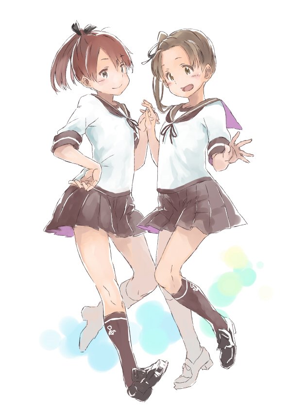 2girls :d ayanami_(kantai_collection) brown_eyes brown_hair hair_ribbon hand_holding hand_on_hip kantai_collection kneehighs loafers matsutani multiple_girls necktie open_mouth pleated_skirt ponytail ribbon sailor_collar school_uniform serafuku shikinami_(kantai_collection) shoes short_hair side_ponytail simple_background skirt smile socks standing white_background