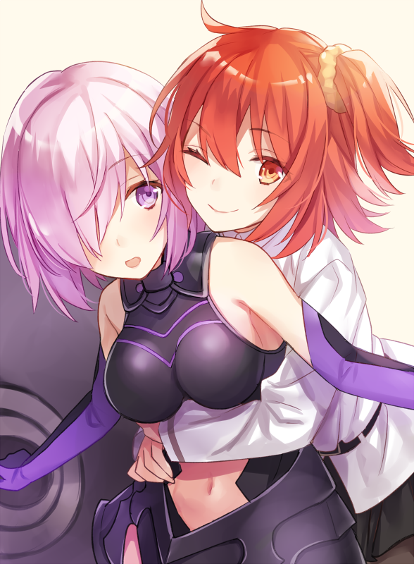 2girls :o ;) bare_shoulders belt black_gloves breasts closed_mouth elbow_gloves fate/grand_order fate_(series) female female_protagonist_(fate/grand_order) fujimaru_ritsuka_(female) gloves hair_between_eyes hair_over_one_eye hair_scrunchie highres hug large_breasts lavender_hair long_sleeves looking_at_another looking_at_viewer multicolored multicolored_gloves multiple_girls navel navel_cutout one_eye_closed open_mouth orange_eyes orange_hair purple_gloves scrunchie shield shielder_(fate/grand_order) shiny shiny_hair short_hair sideboob simple_background sleeveless smile two-tone_gloves uniform violet_eyes white_background white_uniform wink yellow_scrunchie yuzuki_karu