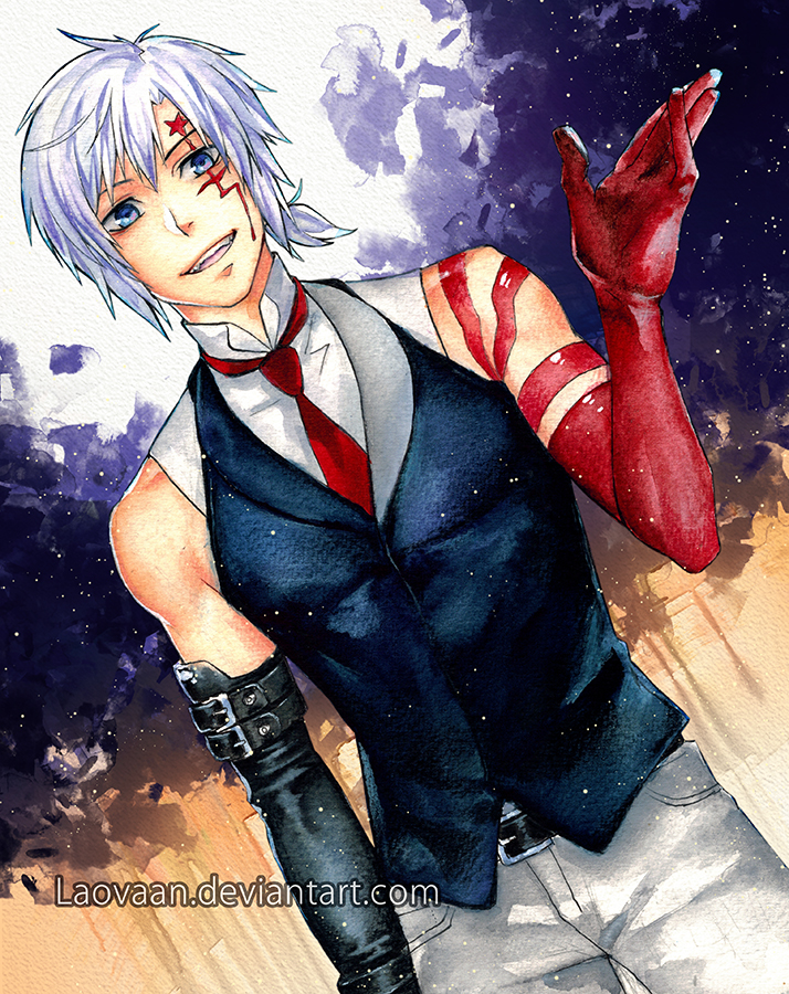 1boy allen_walker belt black_gloves blue_eyes d.gray-man dutch_angle gloves laovaan male_focus necktie open_mouth scar scar_across_eye silver_hair single_glove smile solo star traditional_media watercolor_(medium) watermark web_address