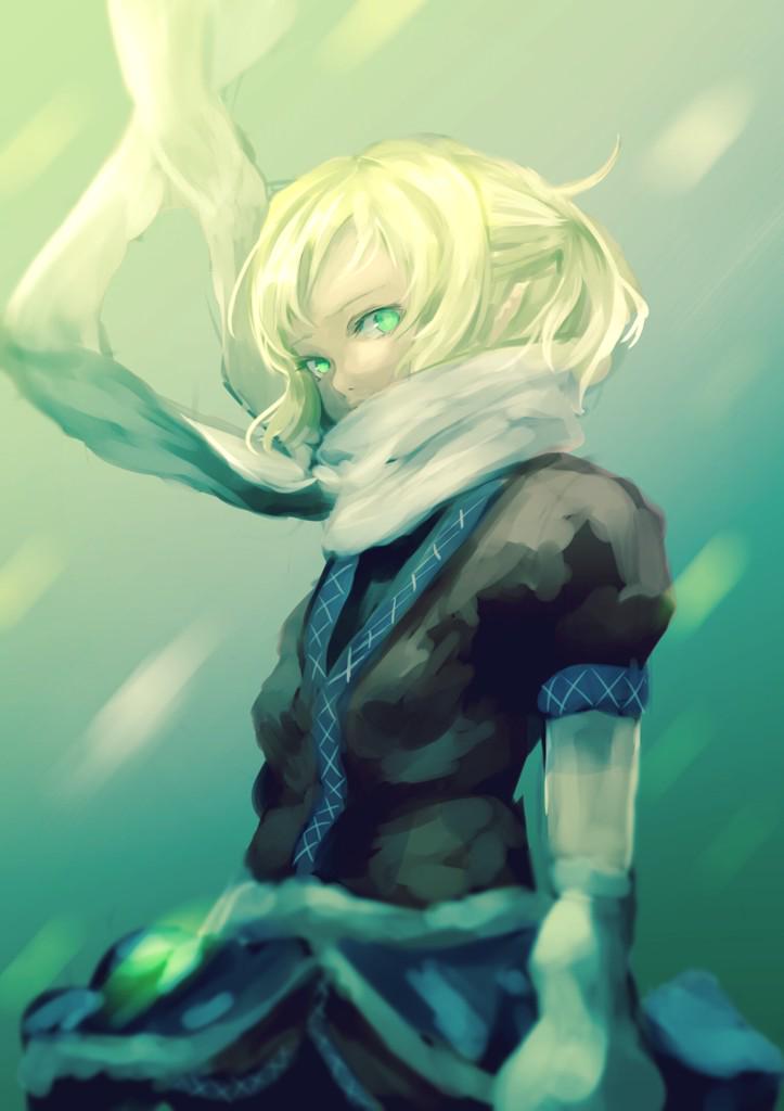 1girl arm_warmers blonde_hair brown_shirt gradient gradient_background green_background green_eyes hidden_mouth kouzuki_kei looking_at_viewer mizuhashi_parsee scarf shirt short_sleeves skirt solo touhou upper_body