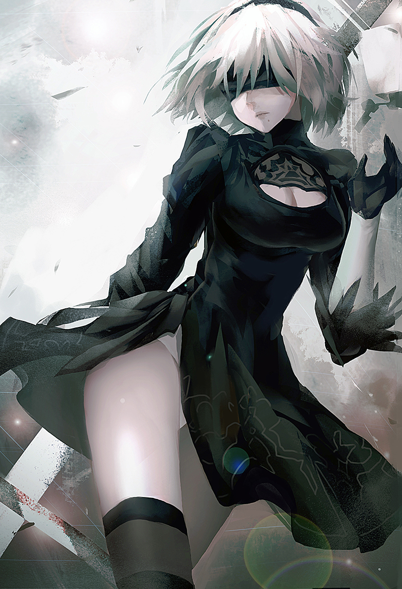 1girl black_dress black_gloves black_legwear blindfold breasts cleavage cleavage_cutout cowboy_shot dress feather-trimmed_sleeves gloves hairband juliet_sleeves leotard_under_clothes long_sleeves looking_at_viewer medium_breasts nier_(series) nier_automata puffy_sleeves revision short_hair silver_hair solo sword thigh-highs weapon yorha_no._2_type_b zen_o
