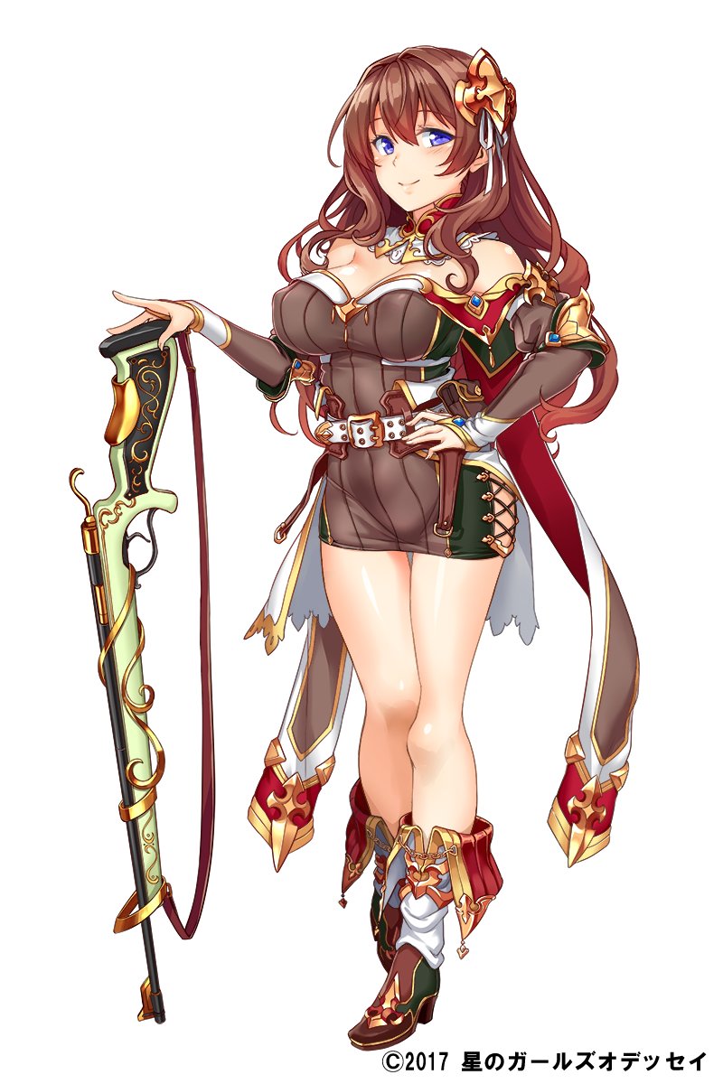 1girl bare_shoulders belt belt_pouch blue_eyes boots breasts brown_hair closed_mouth copyright_name detached_collar dress elbow_pads erect_nipples full_body gun hair_between_eyes hair_ornament hand_on_hip high_heel_boots high_heels highres hoshi_no_girls_odyssey large_breasts legs_together long_hair looking_at_viewer off-shoulder_dress off_shoulder official_art okitakung ribbed_dress rifle short_dress smile solo standing wavy_hair weapon