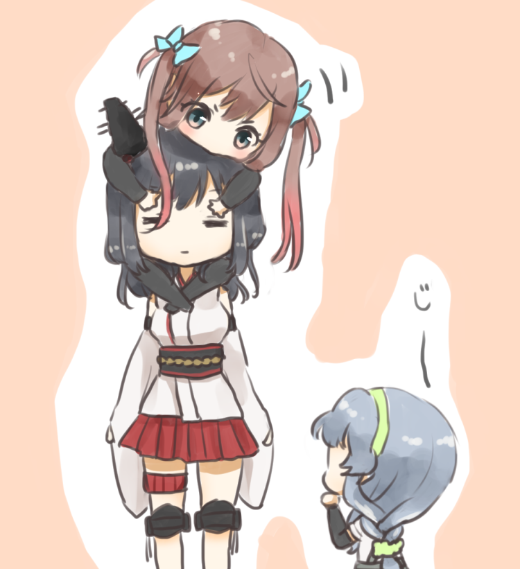 3girls arm_warmers asagumo_(kantai_collection) black_hair braid brown_hair clinging detached_sleeves hair_ornament hair_ribbon hairband headgear japanese_clothes kantai_collection long_hair miniskirt multiple_girls nontraditional_miko nuno_(pppompon) piggyback pleated_skirt red_skirt ribbon school_uniform scrunchie short_hair short_sleeves skirt twintails yamagumo_(kantai_collection) yamashiro_(kantai_collection)