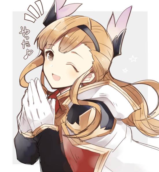 1girl asymmetrical_bangs bangs brown_eyes close-up coat from_side gloves granblue_fantasy hair_ornament hands_together long_hair nozomu144 one_eye_closed open_mouth orange_hair smile solo song_(granblue_fantasy) upper_body white_gloves