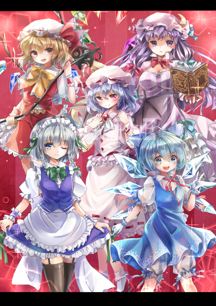 &gt;:d 5girls :d :o ;) apron bangs bat_wings black_legwear blonde_hair bloomers blue_bow blue_dress blue_eyes blue_hair blue_nails blue_vest blush bobby_socks book bow bowtie braid breasts brooch buttons capelet cirno cleavage collared_shirt commentary_request crescent crescent_moon_pin crystal demon_wings detached_wings dress eyebrows_visible_through_hair fang flandre_scarlet frilled_apron frilled_skirt frills garter_straps gem gloves green_bow green_bowtie grimoire hair_between_eyes hair_bow hand_on_own_chest hat hat_ribbon heart highres holding holding_book ice ice_wings izayoi_sakuya jewelry laevatein large_bow lens_flare letterboxed long_hair looking_at_viewer maid maid_apron maid_headdress medium_breasts mob_cap multiple_girls nail_polish one_eye_closed open_book open_mouth patchouli_knowledge pinafore_dress pink_hat pink_skirt puffy_short_sleeves puffy_sleeves purple_hair purple_nails red_background red_bow red_bowtie red_eyes red_ribbon red_shoes red_skirt red_vest remilia_scarlet ribbon ribbon-trimmed_skirt shironeko_yuuki shirt shoes short_sleeves silver_hair skirt skirt_hold smile socks sparkle standing striped tareme thigh-highs touhou tsurime twin_braids underwear v vertical-striped_dress vertical_stripes very_long_hair vest violet_eyes waist_apron white_apron white_gloves white_hat white_legwear white_shirt wing_collar wings wrist_cuffs yellow_bow yellow_bowtie zettai_ryouiki