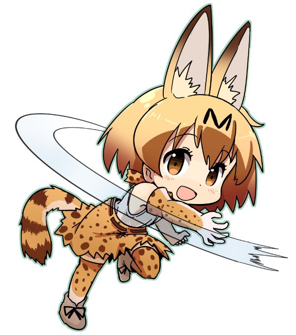 1girl :d action animal_ears animal_print ankle_boots arm_at_side armpit_peek b3 bare_shoulders belt black_ribbon blue_outline blush boots bow bowtie brown_belt chibi cross-laced_clothes dot_nose elbow_gloves eyebrows_visible_through_hair eyelashes full_body gloves high-waist_skirt kemono_friends leg_lift light_brown_eyes looking_at_viewer motion_lines open_mouth orange_hair outline print_bow print_bowtie print_gloves print_legwear print_skirt ribbon scratching serval_(kemono_friends) serval_ears serval_print serval_tail shirt shoe_ribbon short_hair simple_background skirt sleeveless sleeveless_shirt smile solo standing standing_on_one_leg striped_tail tail tareme thigh-highs white_background white_boots white_footwear white_shirt zettai_ryouiki