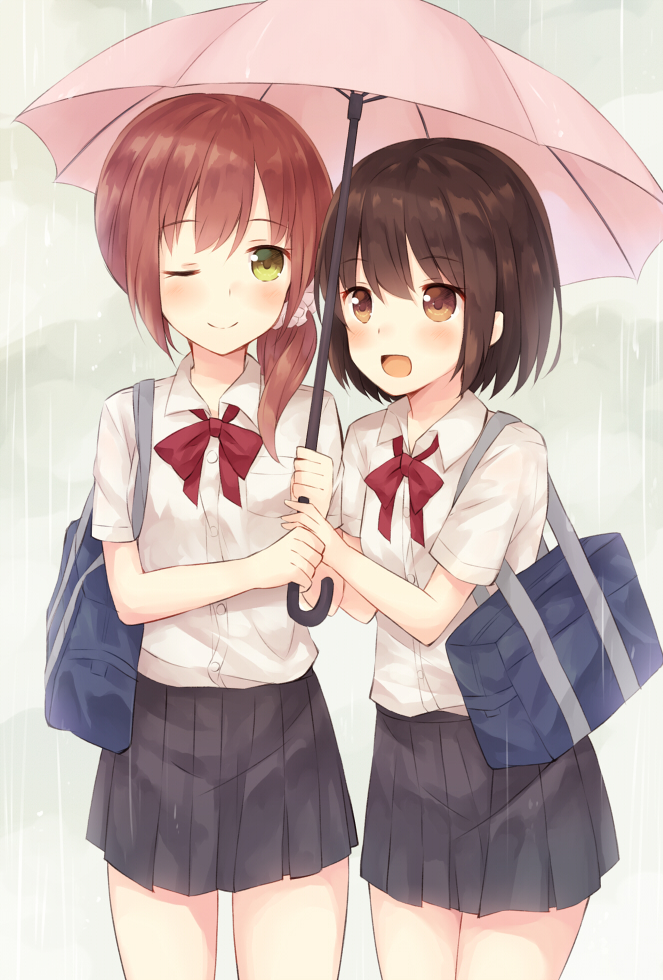 2girls bag black_hair brown_hair check_commentary commentary_request multiple_girls one_eye_closed open_mouth pink_umbrella rain school_uniform shared_umbrella short_hair umbrella under_umbrella uniform wheel_(misoshire) yuri