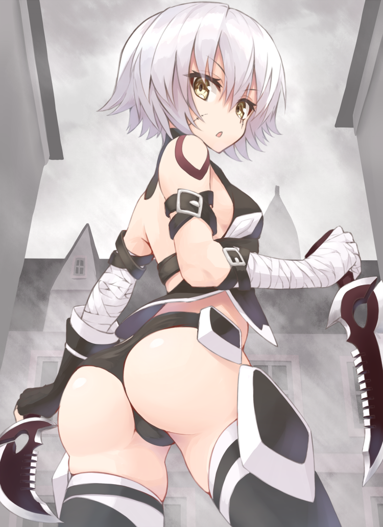 1girl ass assassin_of_black bandage bandaged_arm bare_shoulders belt black_gloves black_legwear black_panties breasts cowboy_shot dagger dual_wielding duplicate fate/apocrypha fate_(series) fingerless_gloves gloves green_eyes looking_at_viewer looking_back medium_breasts outdoors panties scar short_hair shoulder_tattoo shunichi silver_hair single_glove solo standing tattoo thigh-highs underwear weapon yellow_eyes