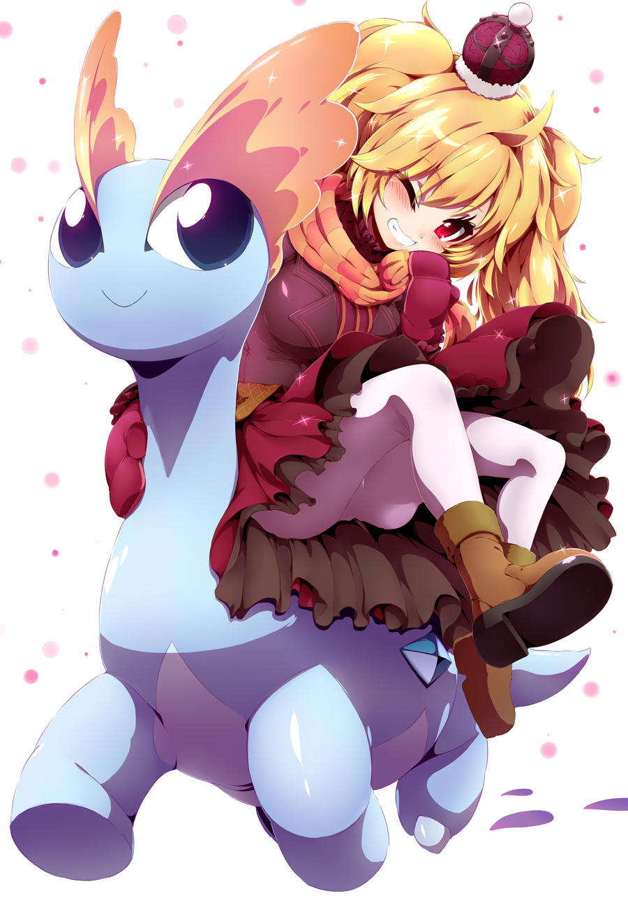 1girl amaura blonde_hair blush boots breasts character_request crown grin highres long_hair looking_at_viewer medium_breasts mini_crown one_eye_closed pantyhose pokemon pokemon_(creature) pokemon_(game) pokemon_xy red_eyes sitting skirt smile solo tokyo_(great_akuta) upskirt