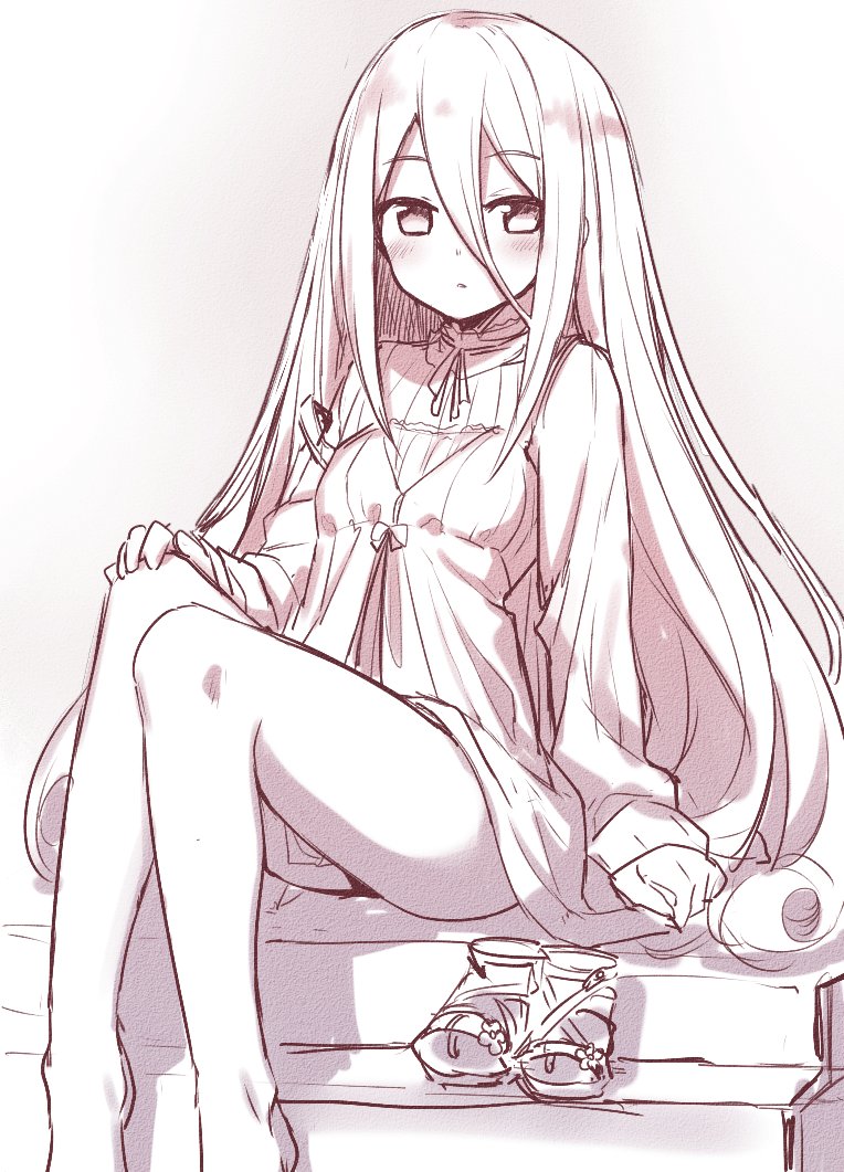 1girl blush camisole camisole_over_clothes eyebrows_visible_through_hair hair_between_eyes hand_on_own_knee hiraga_matsuri long_hair long_sleeves looking_at_viewer monochrome original parted_lips sandals sandals_removed sitting sitting_on_stairs sketch solo stairs thighs very_long_hair
