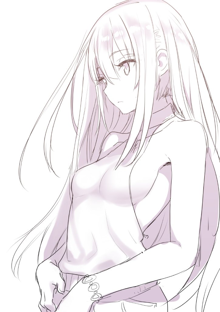 1girl bangs bracelet breasts closed_mouth eyebrows_visible_through_hair from_side greyscale hair_between_eyes halter_top halterneck hiraga_matsuri jewelry lineart long_hair looking_to_the_side medium_breasts monochrome original sideboob sidelocks simple_background solo upper_body