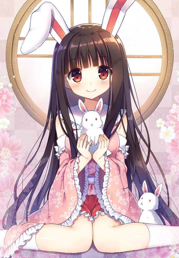 1girl adapted_costume animal_ears blouse brown_hair checkered checkered_background collar detached_sleeves floral_background frilled_collar frilled_skirt frilled_sleeves frills houraisan_kaguya kneehighs long_hair mauve pink_blouse rabbit rabbit_ears red_eyes red_skirt sitting skirt smile solo touhou wariza white_legwear wide_sleeves