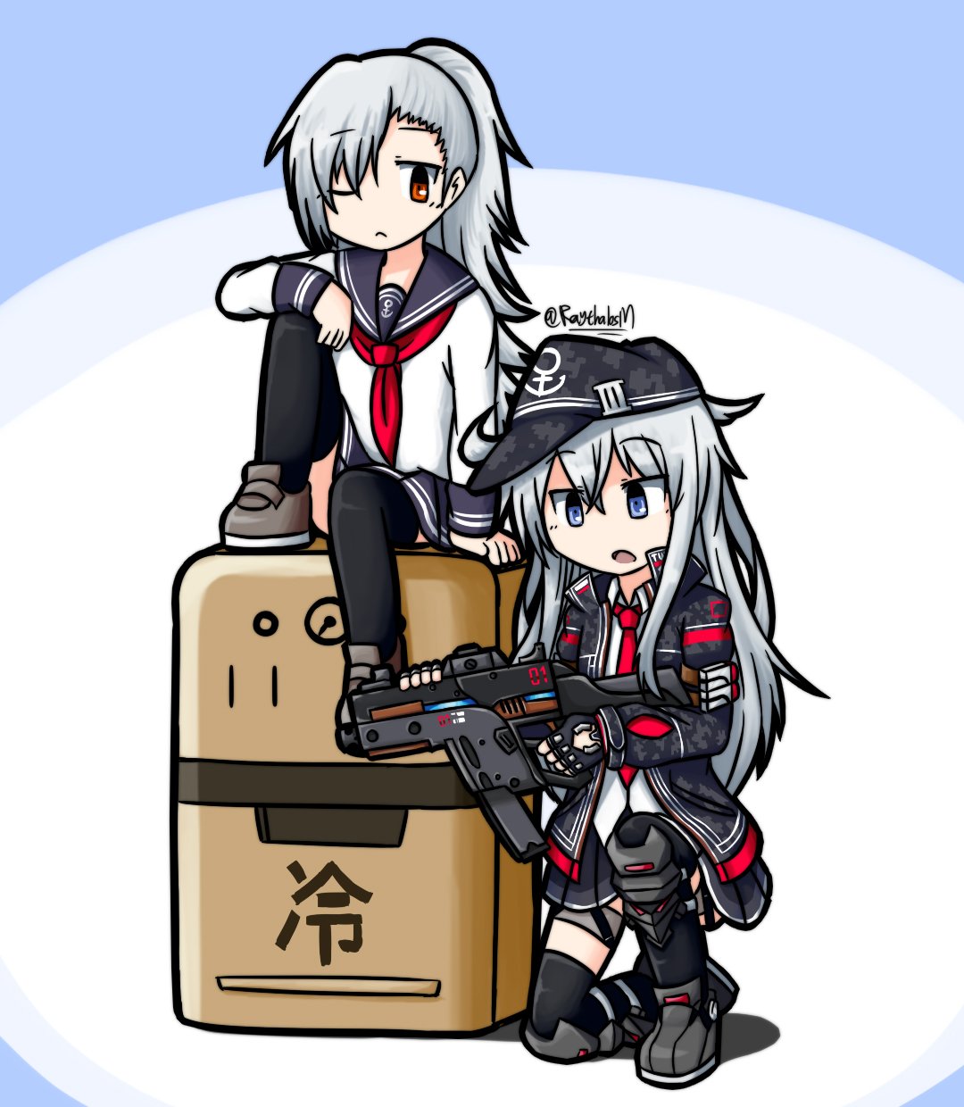 2girls :&lt; anchor_symbol asymmetrical_bangs bangs black_legwear blue_skirt camouflage camouflage_jacket closers collared_shirt crossover eyebrows eyebrows_visible_through_hair flat_cap gun hair_over_one_eye hat hibiki_(kantai_collection) highres holding holding_gun holding_weapon jacket kantai_collection kneeling kriss_super_v loafers long_hair long_ponytail long_sleeves multiple_girls necktie one_knee open_mouth orange_eyes ponytail raythalosm red_necktie school_uniform serafuku shirt shoes silver_hair simple_background sitting skirt spiky_hair submachine_gun thigh-highs tina_(closers) weapon white_shirt