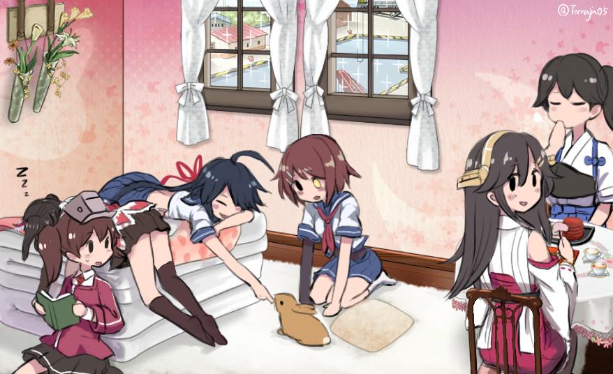 6+girls ahoge black_hair book brown_hair closed_eyes commentary_request covering_mouth curtains detached_sleeves eating flower from_behind furutaka_(kantai_collection) futon gloves hair_ribbon haruna_(kantai_collection) headgear heterochromia indoors japanese_clothes kaga_(kantai_collection) kako_(kantai_collection) kantai_collection kariginu kneehighs looking_at_viewer looking_back lying multiple_girls muneate nontraditional_miko on_stomach rabbit remodel_(kantai_collection) ribbon rug ryuujou_(kantai_collection) seiza sendai_(kantai_collection) single_glove sitting table terajin twintails twitter_username visor_cap window zzz
