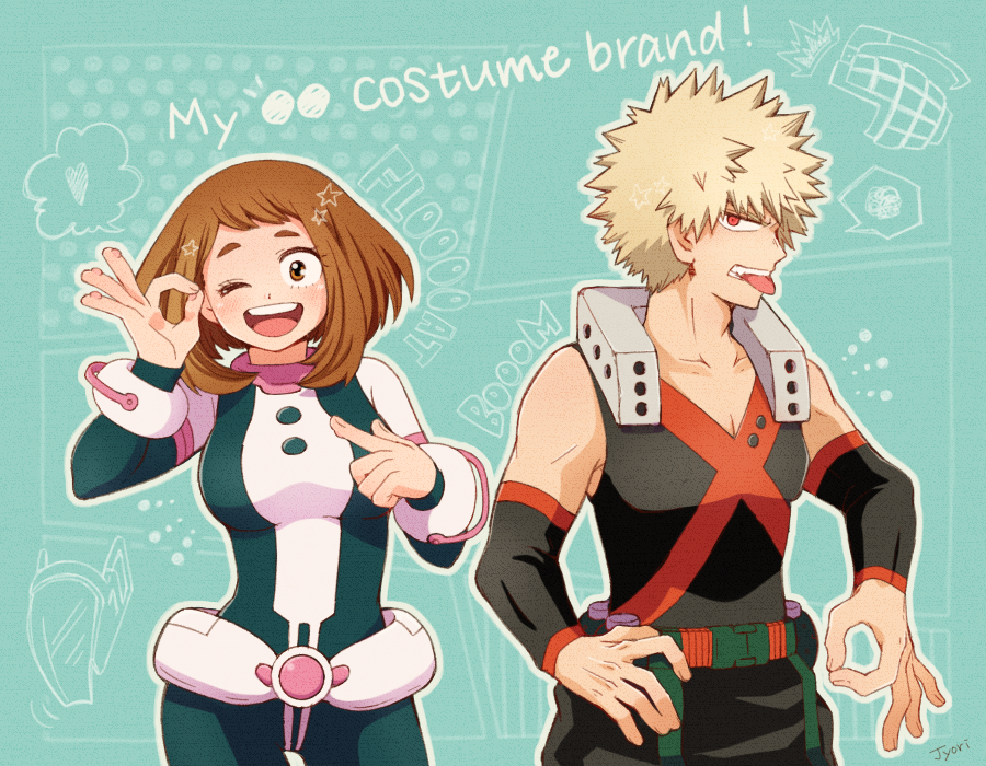 !! 1boy 1girl :p ;d bakugou_katsuki bare_shoulders belt blonde_hair blush bodysuit boku_no_hero_academia breasts brown_eyes brown_hair commentary_request detached_sleeves english explosive grenade heart jyori looking_at_viewer medium_breasts one_eye_closed open_mouth red_eyes round_teeth sharp_teeth short_hair smile spiky_hair tank_top teeth text thought_bubble tongue tongue_out uraraka_ochako utility_belt