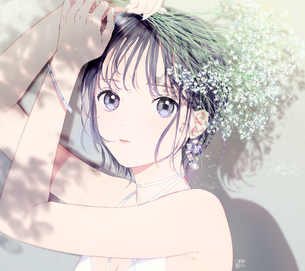 1girl armpits arms_up bracelet criss-cross_halter earrings eyelashes flower halterneck holding holding_flower jewelry lips looking_at_viewer looking_to_the_side mosuko original pale_skin purple_hair shadow short_hair signature solo upper_body violet_eyes
