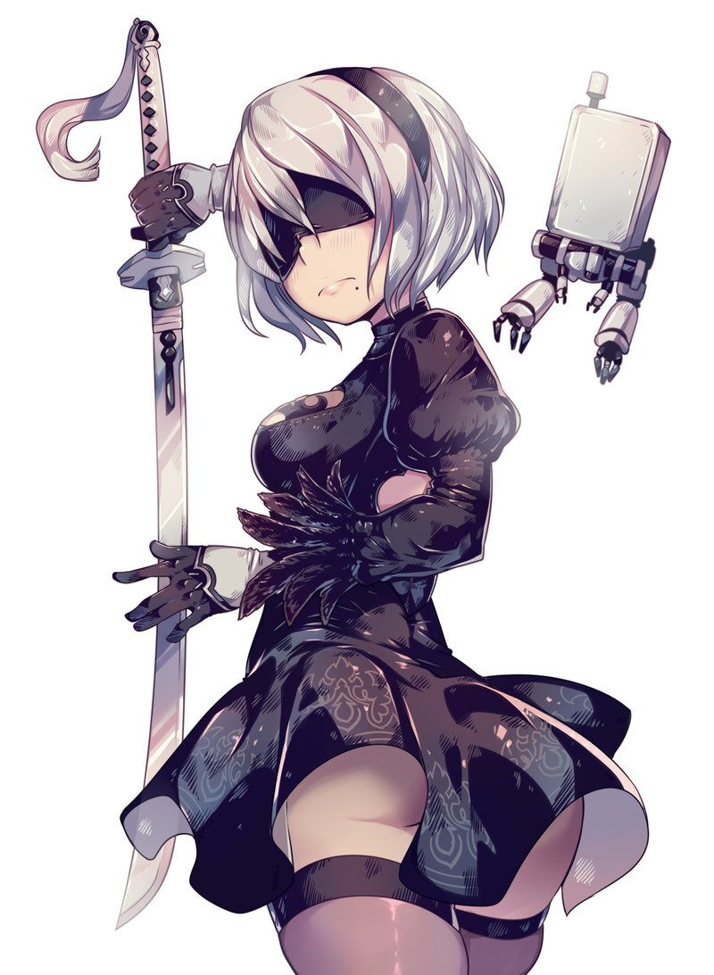 1girl ass black_gloves black_legwear blindfold blush breasts cleavage dress gloves hairband high_heels katana leotard medium_breasts mole mole_under_mouth multicolored multicolored_clothes multicolored_gloves nier_(series) nier_automata open-back_dress parororo pod_(nier_automata) short_hair silver_hair skindentation skirt solo sword thigh-highs thighs weapon white_gloves yorha_no._2_type_b