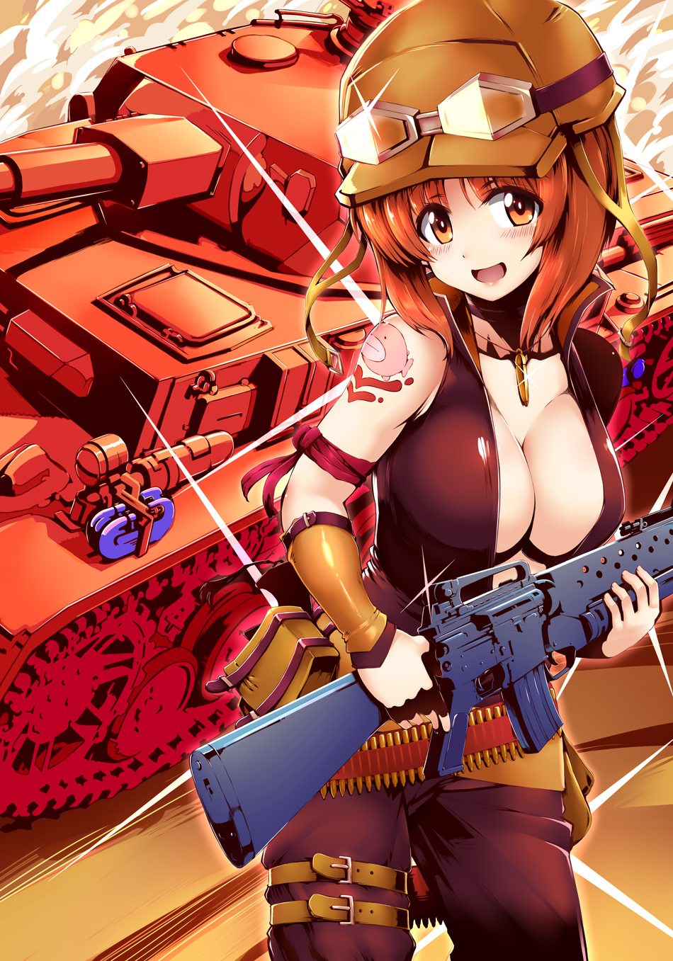1girl assault_rifle bare_shoulders breasts brown_eyes brown_hair bullet bullet_necklace cleavage goggles goggles_on_head ground_vehicle gun helmet highres large_breasts long_hair looking_at_viewer military military_vehicle motor_vehicle rifle smile solo tank tokyo_(great_akuta) weapon