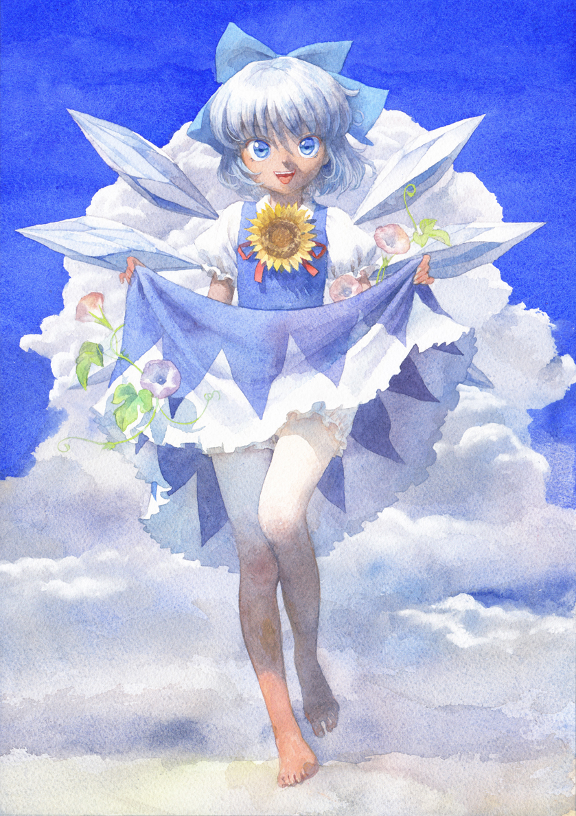 1girl barefoot blue_eyes bow cirno clouds commentary dress flower full_body graphite_(medium) hair_bow hidden_star_in_four_seasons ice ice_wings looking_at_viewer misawa_hiroshi open_mouth puffy_short_sleeves puffy_sleeves short_hair short_sleeves skirt_hold sky smile solo sunflower tan tanline texture touhou traditional_media watercolor_(medium) wings