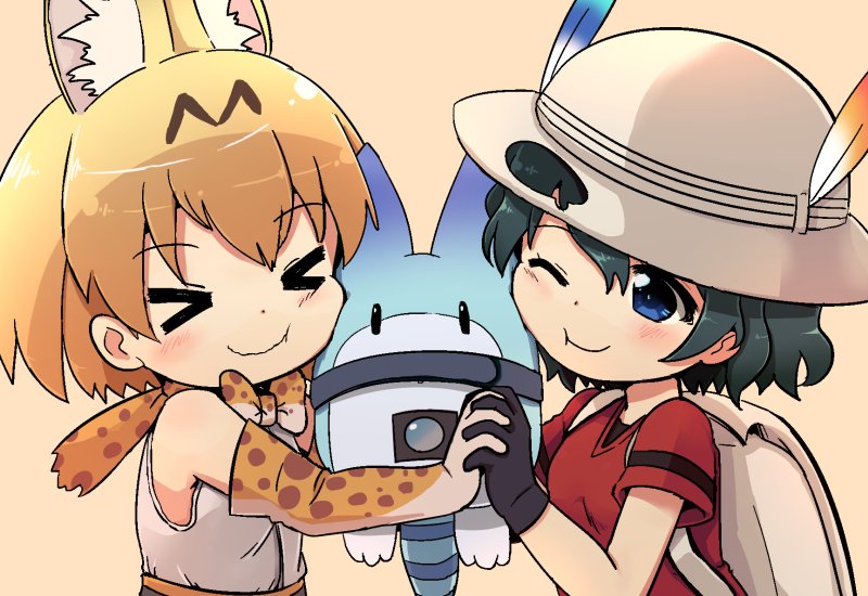 &gt;_&lt; 2girls ;t animal_ears animal_print armpit_peek b3 backpack bag belt black_gloves black_hair blue_eyes blush bow bowtie bucket_hat cheek_press closed_eyes dot_nose elbow_gloves eyebrows_visible_through_hair eyelashes facing_viewer gloves grey_belt hair_between_eyes hands_together hat hat_feather high-waist_skirt interlocked_fingers kaban_(kemono_friends) kemono_friends looking_at_another looking_to_the_side lucky_beast_(kemono_friends) multiple_girls one_eye_closed orange_hair pink_background prin_bow prin_bowtie print_gloves red_shirt sandwiched serval_(kemono_friends) serval_ears serval_print shirt short_hair short_sleeves simple_background skirt sleeveless sleeveless_shirt smile tareme upper_body wavy_hair white_shirt x)