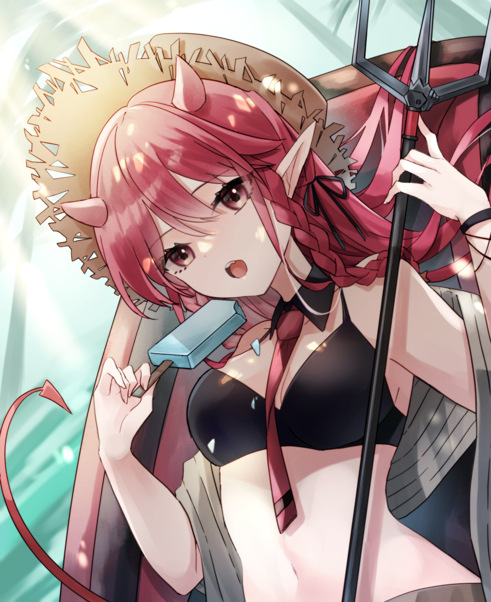 1girl arknights bikini black_bikini black_collar black_ribbon black_wristband braid breasts brown_headwear collar demon_girl demon_horns demon_tail detached_sleeves eyebrows_visible_through_hair fang food hair_ribbon hand_up hat highres holding holding_food holding_polearm holding_weapon horns looking_at_viewer medium_breasts navel necktie official_alternate_costume open_mouth pointy_ears polearm popsicle red_eyes red_necktie redhead ribbon saiko_(saisaka) solo stomach straw_hat swimsuit tail trident upper_body vigna_(arknights) vigna_(casual_vacation)_(arknights) weapon