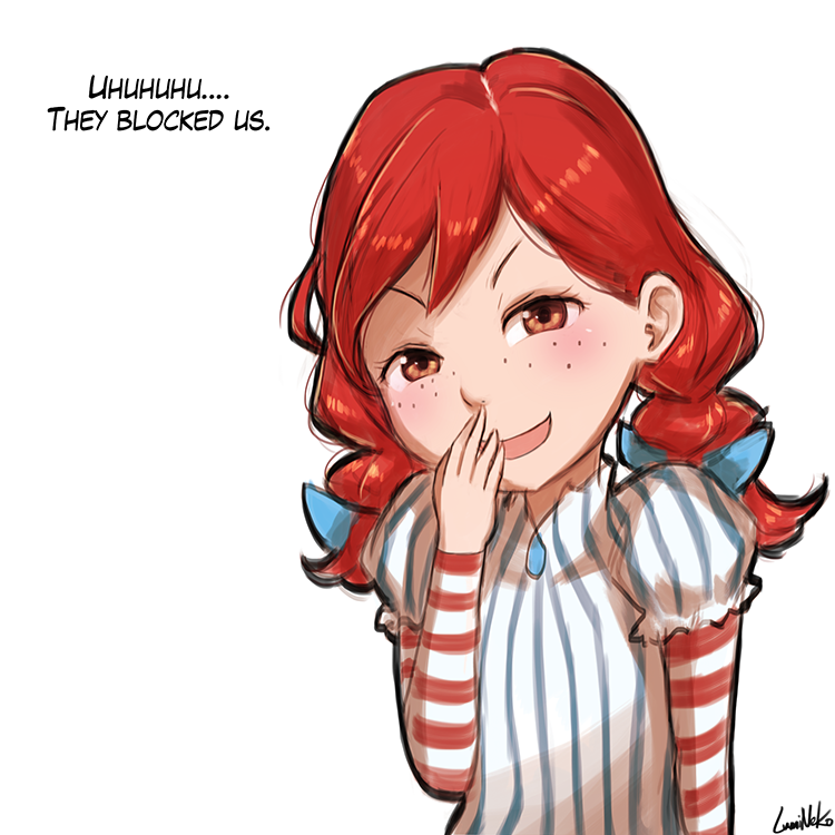 1girl artist_name blue_ribbon braid covering_mouth english freckles laughing long_hair lumineko red_eyes redhead ribbon signature smug solo striped_clothes twin_braids wendy's wendy_(wendy's)