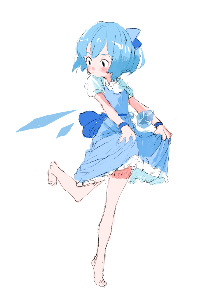 1girl :| alternate_eye_color ascot bare_legs barefoot black_eyes blue_bow blue_dress blue_hair blush bow cirno closed_mouth collar collared_shirt dress dress_lift expressionless eyebrows frilled_dress frills hair_bow holding_dress ice ice_wings leg_lift looking_down looking_to_the_side motsuni_(artist) pinafore_dress puffy_short_sleeves puffy_sleeves shirt short_hair short_sleeves simple_background solo standing standing_on_one_leg tareme tiptoes toes touhou white_background white_shirt wing_collar wings