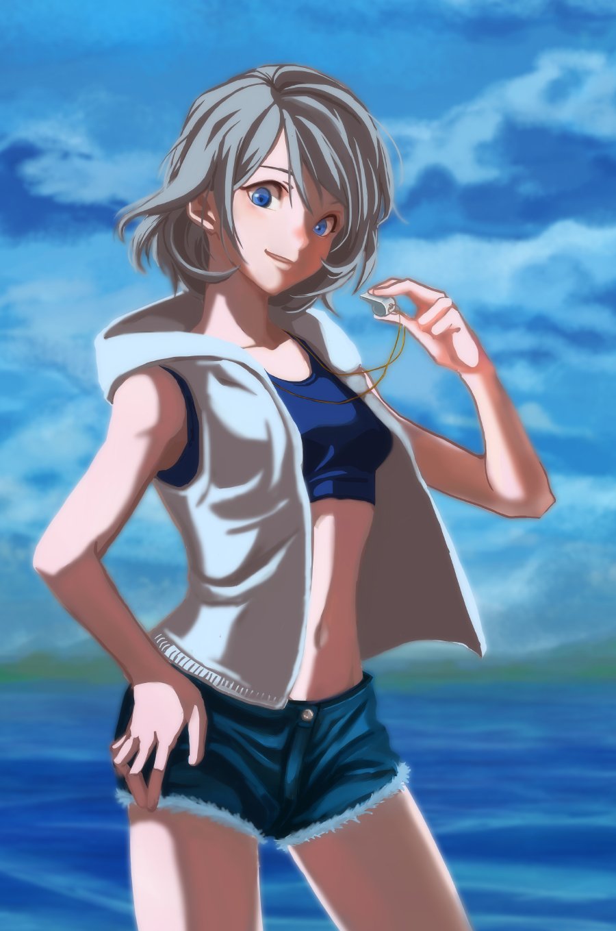 1girl blue_eyes blue_sky clouds day grey_hair hand_on_hip highres hood hoodie looking_at_viewer love_live! love_live!_sunshine!! navel ocean shizu5912 short_hair shorts silver_hair sky smile solo sports_bra watanabe_you whistle