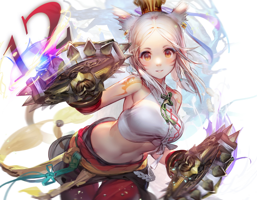 1girl animal_ears bangs blush braid brown_eyes cat_ears facial_mark final_fantasy final_fantasy_xiv leaning_forward liduke looking_at_viewer midriff miqo'te monk_(final_fantasy) number parted_bangs parted_lips revision side_braid smile solo thigh_gap white_background white_hair