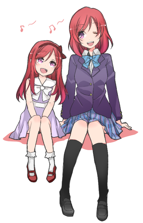 2girls beamed_quavers dual_persona hair_between_eyes long_hair long_sleeves looking_at_another love_live! love_live!_school_idol_project messy_hair mii_(nano0o0) multiple_girls musical_note nishikino_maki open_mouth quaver redhead school_uniform shirt smile violet_eyes younger