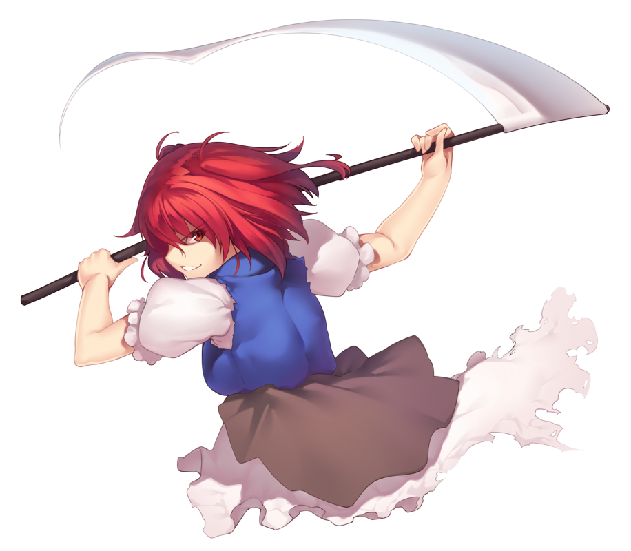 &gt;:) 1girl bangs blue_vest breasts clenched_teeth grin holding holding_weapon incoming_attack kaiza_(rider000) large_breasts looking_at_viewer onozuka_komachi profile puffy_short_sleeves puffy_sleeves red_eyes redhead scythe short_sleeves simple_background smile solo teeth touhou two_side_up upper_body vest weapon white_background