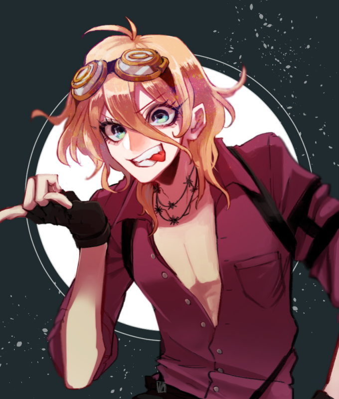 1boy \n/ barbed_wire black_gloves blonde_hair blue_eyes dangan_ronpa genderswap genderswap_(ftm) gloves goggles goggles_on_head grin iruma_miu jumpsuit looking_at_viewer male_focus new_dangan_ronpa_v3 open_clothes open_shirt shirt smile solo tarou_(natyou) tongue tongue_out upper_body wavy_hair