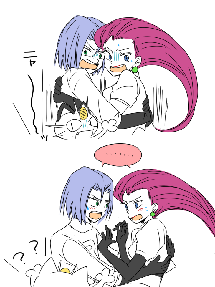 atsumi_yoshioka blue_eyes blue_hair blush green_eyes kojirou_(pokemon) meowth musashi_(pokemon) pink_hair pokemon pokemon_(anime) team_rocket