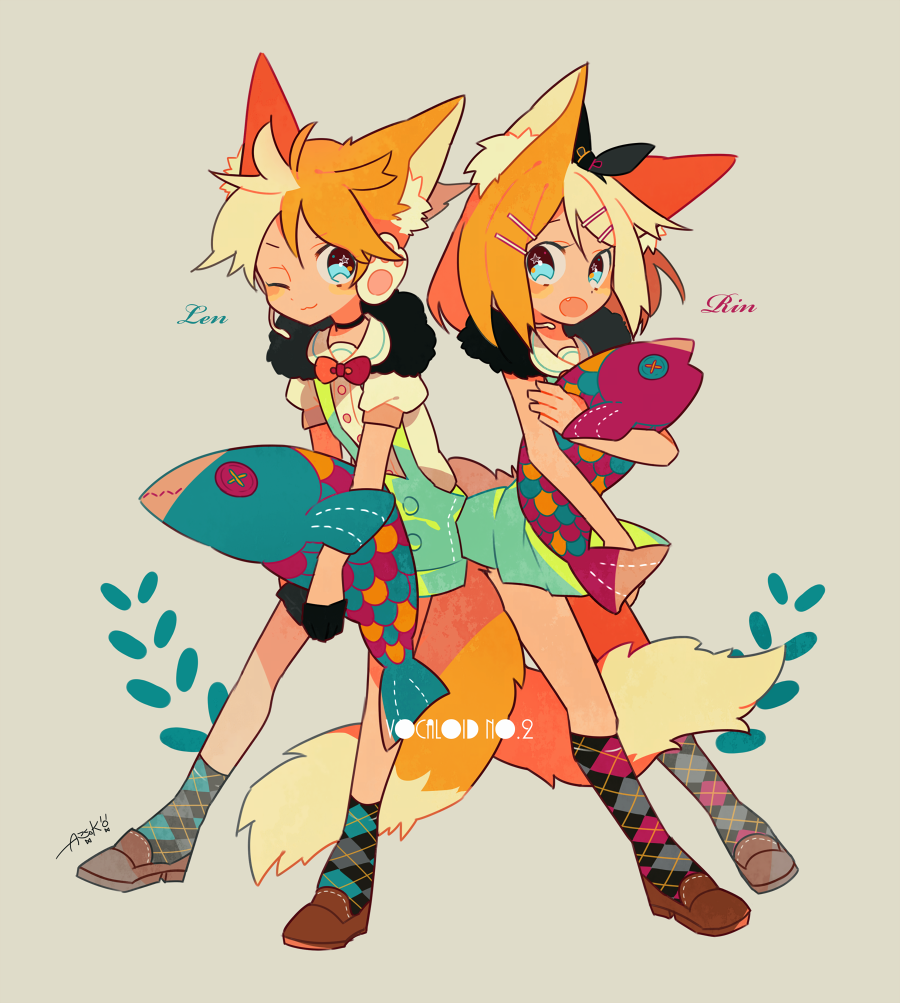 1boy 1girl animal_ears auko blonde_hair blue_eyes bow brother_and_sister character_name earmuffs eyelashes fox_boy fox_ears fox_girl fox_tail hair_bow hair_ornament hairclip headset kagamine_len kagamine_rin kneehighs one_eye_closed open_mouth patterned_clothing shoes short_hair shorts siblings signature simple_background stuffed_animal stuffed_toy tail text twins vocaloid